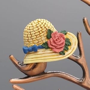 Painted Resin Straw Hat Ribbon Rose Brooch Pin Vtg